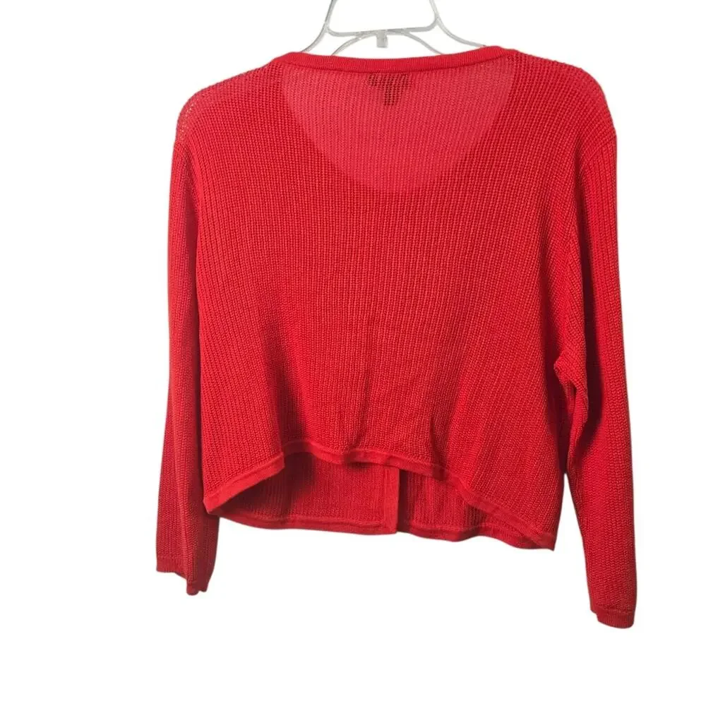 Talbots Red Open Front Cardigan Sweater L Pointelle Knit Cotton Modal Office